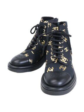 Chanel CC Logo Print Canvas Back Boa Short Boots 36c